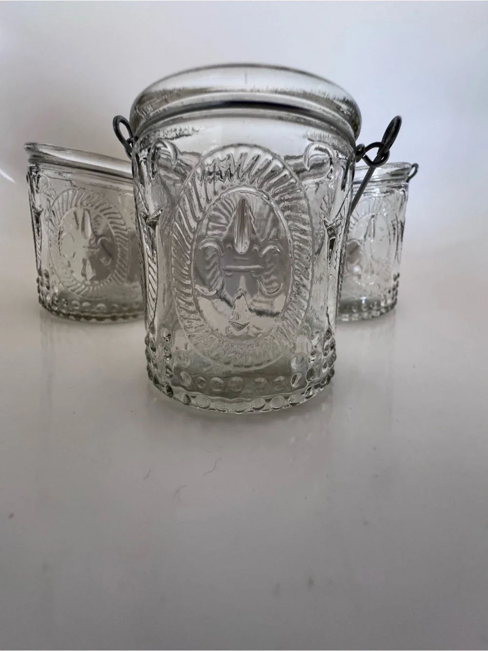 Set of 3 Fleur de Lis Glass Votive Candle Holders French Cottage Farmhouse